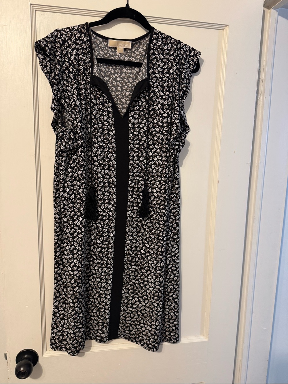 Michael Kors Black & White Floral Midi Dress with Tassel Tie